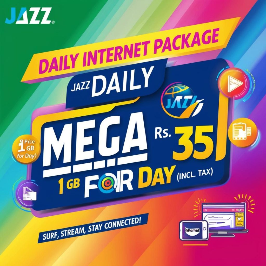 Jazz Daily Mega Internet Package 1 The image showcases the Jazz Daily Mega Internet Package with bold text emphasizing 1 GB Data for a Day priced at just Rs. 35 Incl. Tax. The graphic features the Jazz logo along with dynamic in 1